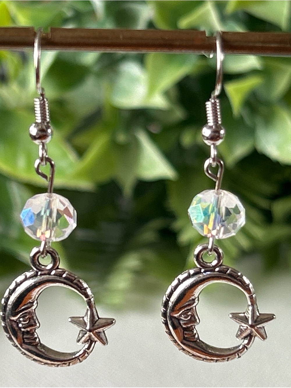 Silver Moon + Star Earrings with AB Crystal beads
